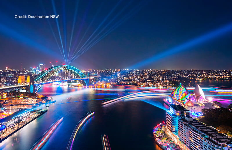 A spectacular experience of light installations and artworks on Sydney Harbour from a Glass boat Vivid Lights cruise.
