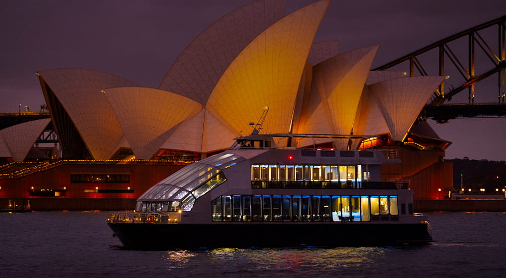 Clearview cruising past the Opera House and the Harbour Bridge under the night sky. 