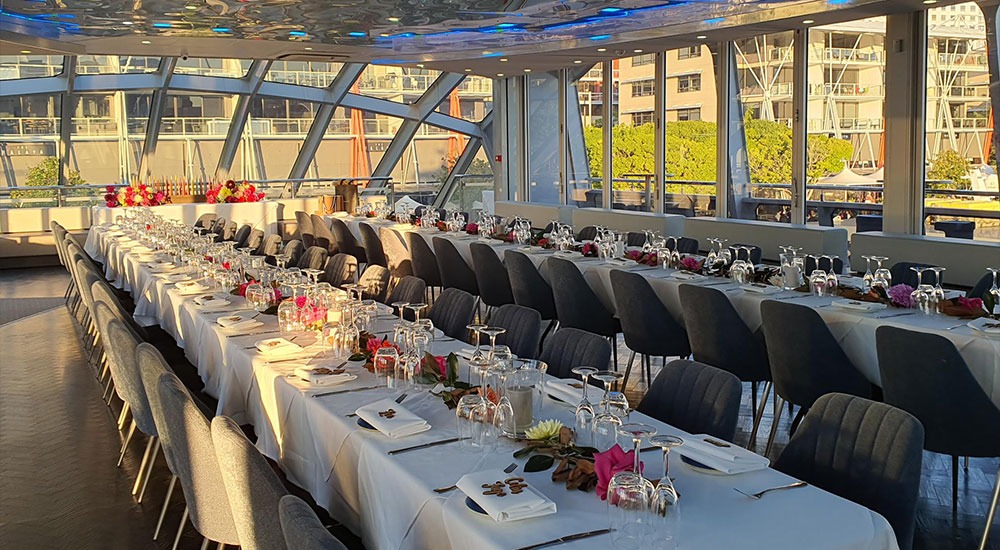 The interior of the Clearview Glassboat on the Vivid Sydney dinner cruise