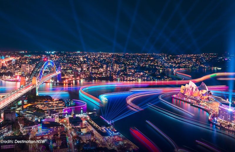 Aerial view of Vivid Sydney celebration on Sydney Harbour