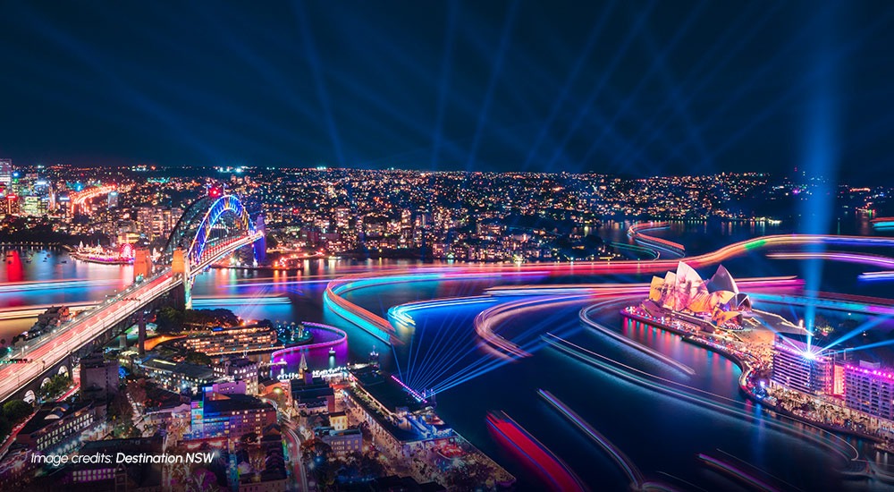 Aerial view of Vivid Sydney celebration on Sydney Harbour