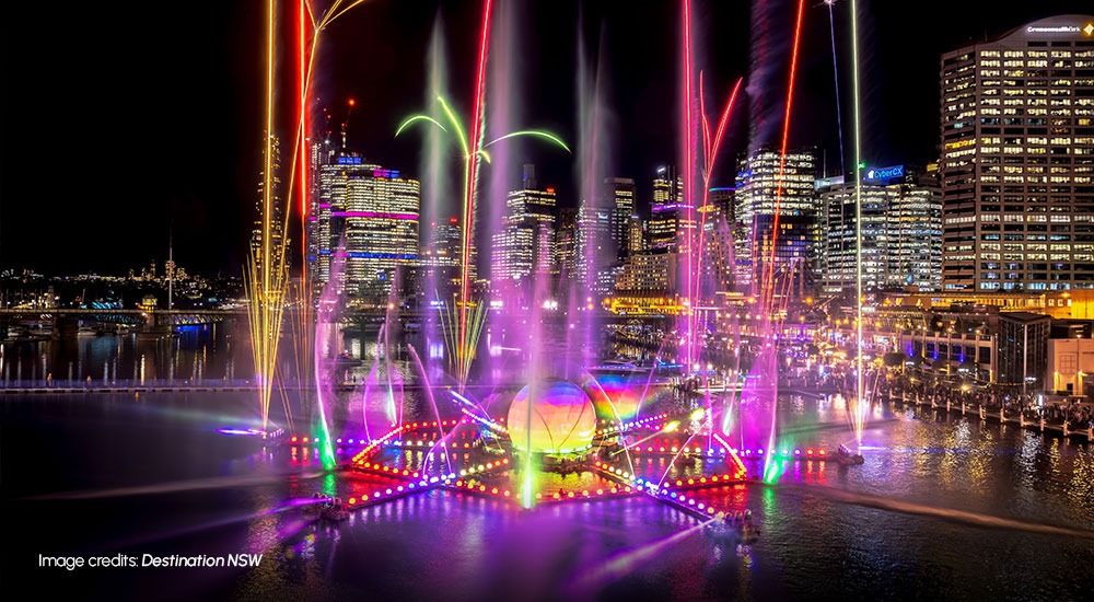 A nighttime photo of Cockle Bay or Tumbalong Park during Vivid Sydney, highlighting the glowing drone show or the park's festival lights with a lively crowd below.