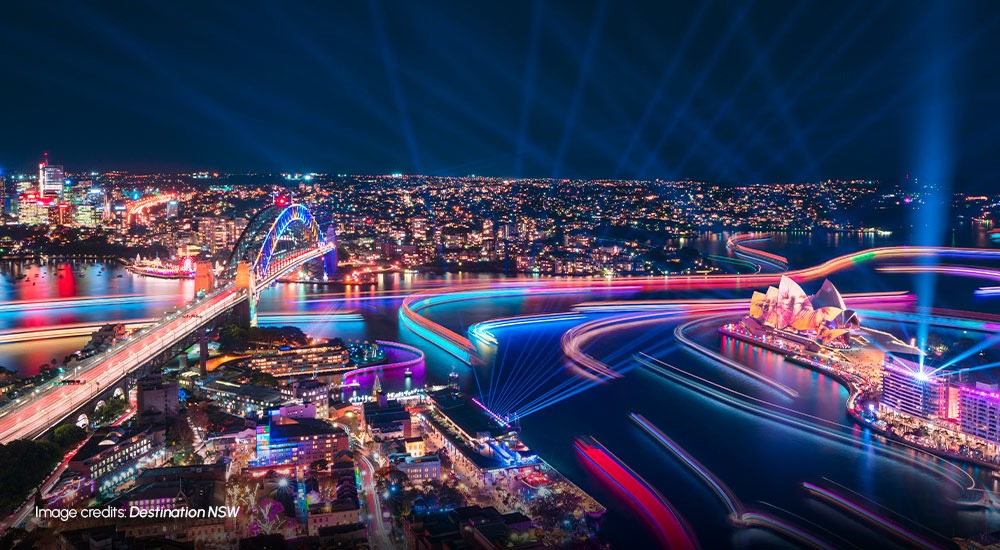 Illuminated Sydney Harbour during Vivid Sydney with light reflections across the water