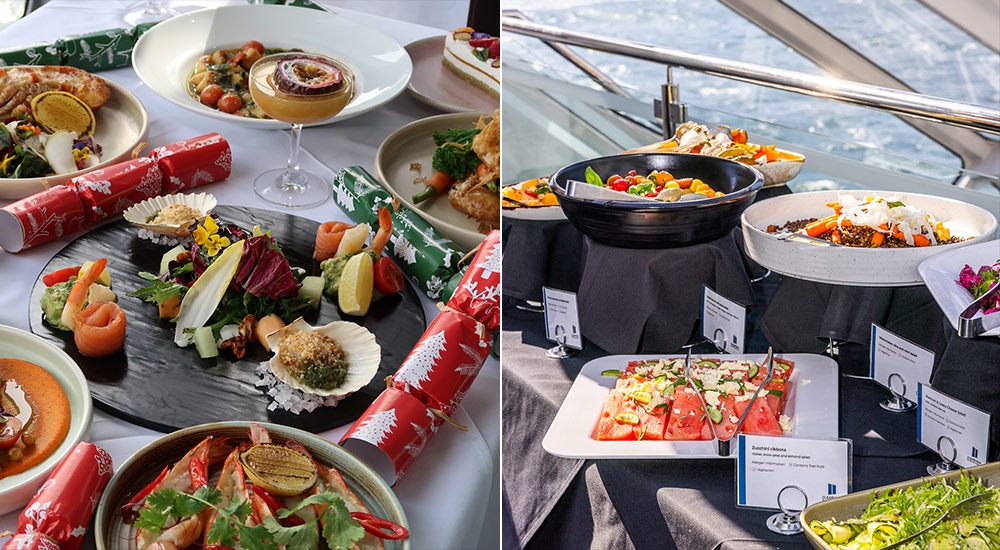 Christmas party cruise dining options including a seated dinner and lunch buffet