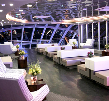 A stunning view of the Clearview's upper deck with glass windows offering harbour views